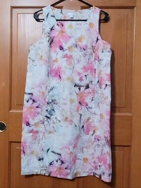 Pure Jill 100% Linen Small Midi Dress Soft Magnolia Watercolor Garden Party